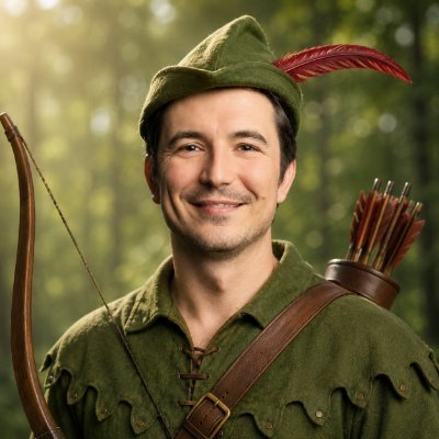 Vlad Tenev as The Robinhod, in green tunic and feathered cap, holding a longbow